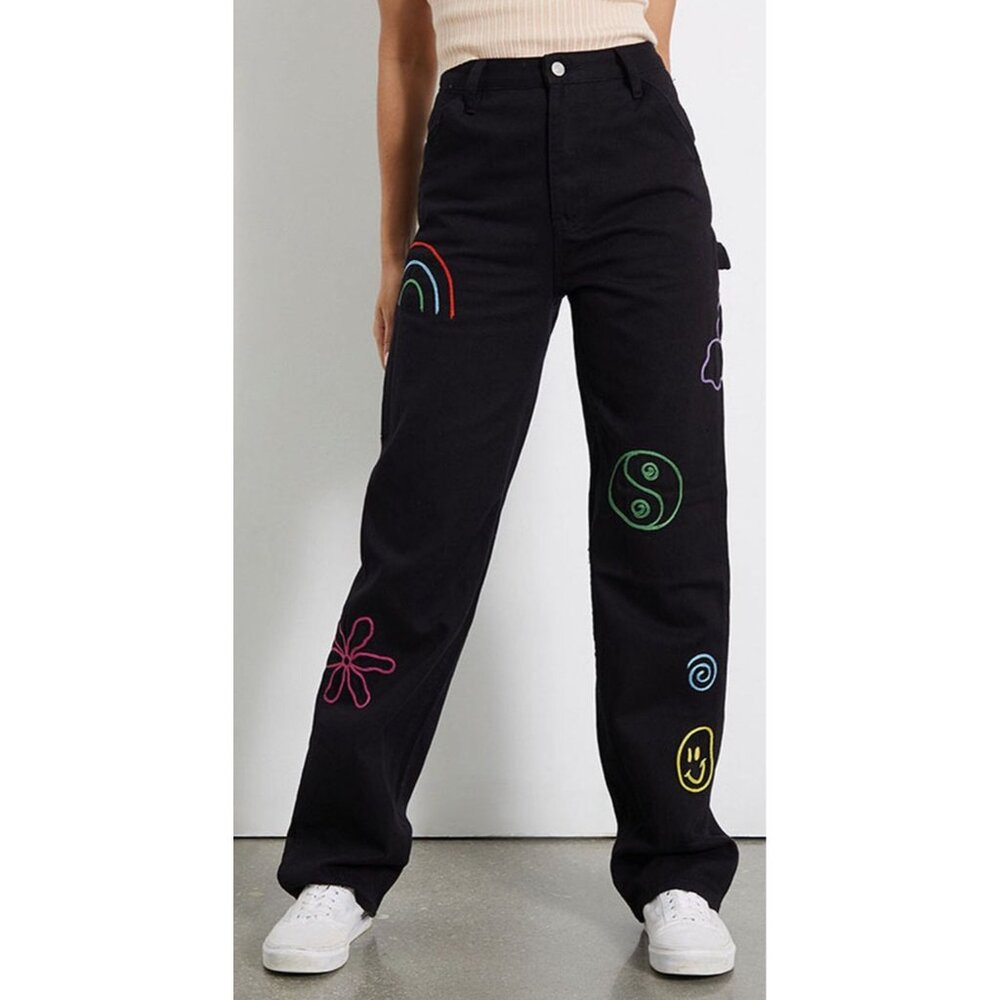 Pacsun Black Colorful Stitch '90s Boyfriend Carpenter High-Waisted Pants Size 25